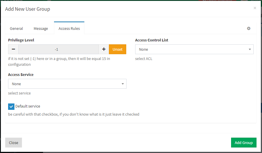 User Group Access Rules Menu