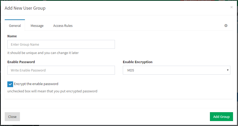 User Group General Settings Menu