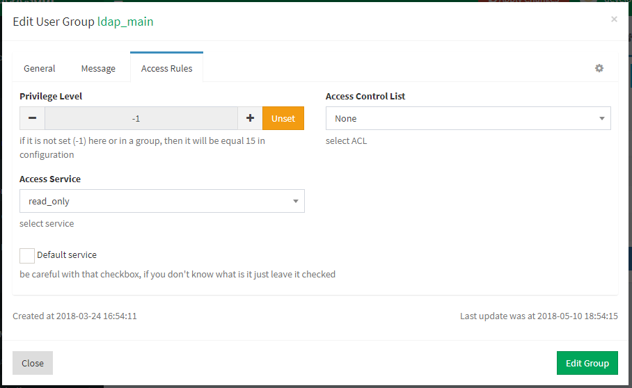 User Group Access Rules Menu